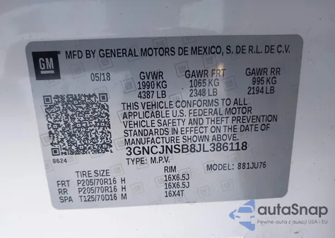 2018 Chevrolet Trax Ls из США, поврежденный, VIN 3GNCJNSB8JL386118